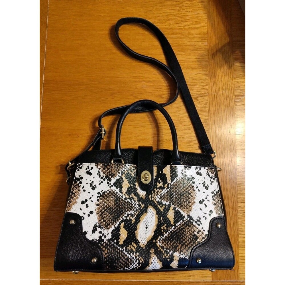 Shop LC Black and Beige Snake Print Genuine Leather Convertible Tote Bag